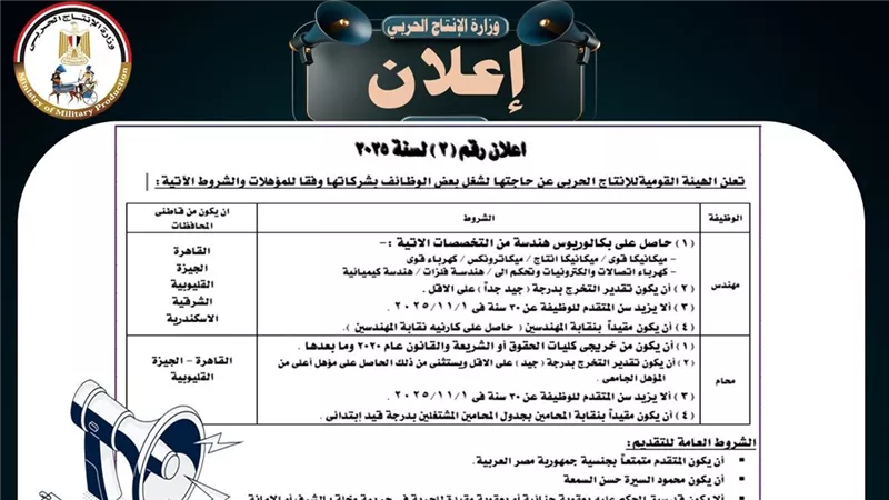 وظائف وزارة الإنتاج الحربي 2025: مطلوب مهندسين ومحامين والتقديم لمدة أسبوعين 