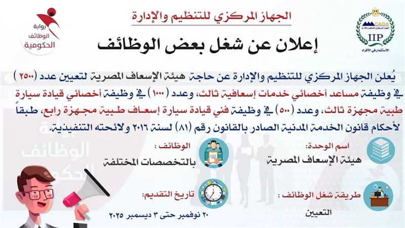وظائف هيئة الإسعاف 2025: التنظيم والإدارة يعلن 4000 فرصة وينشر التخصصات وموعد التقديم والشروط