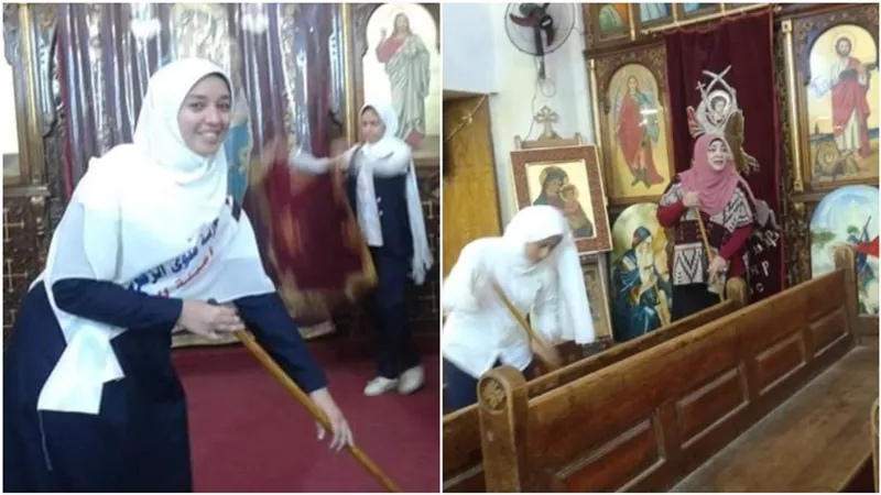 تداول صور فتيات مسلمات ينظفن كنيسة بالمنيا بالتزامن مع دعوات تحريم تهنئة الأقباط بعيد الميلاد